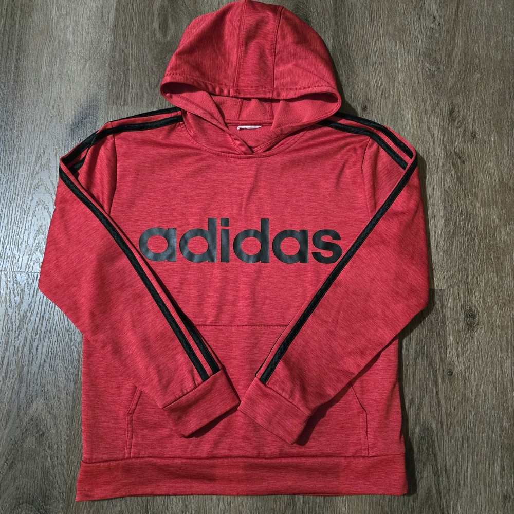Adidas Boys Pullover Hoodie‎ Athletic Hooded Sweater Red & Black Size Large